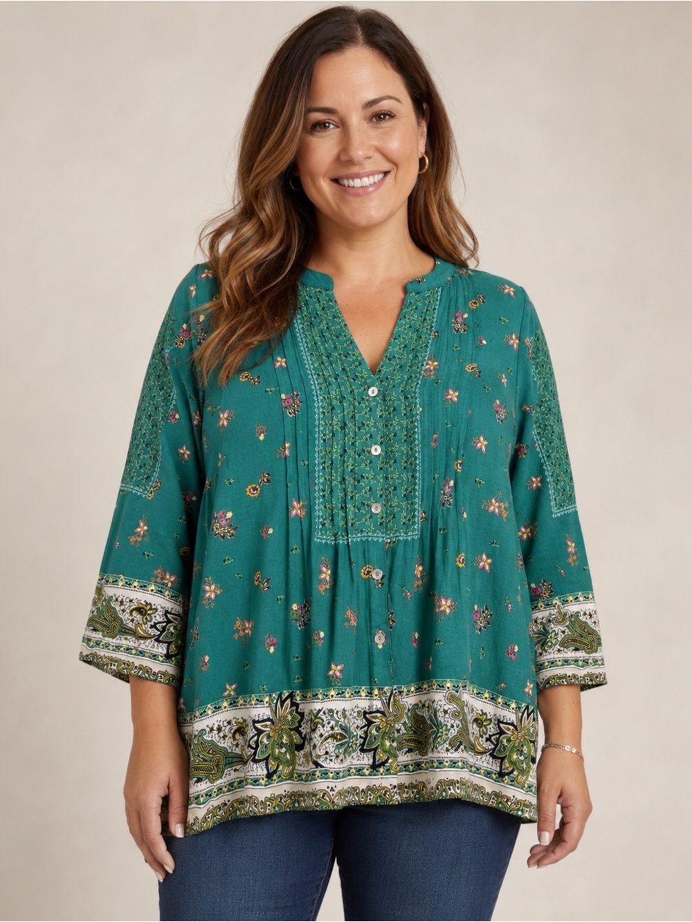 fig and flower Teal Floral Boho Tunic Top